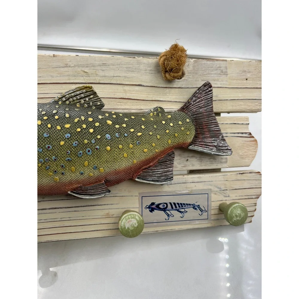 Rustic Wooden Brook Trout Fish Wall Plaque Key Rack Cabin Decor 19.5 Inch